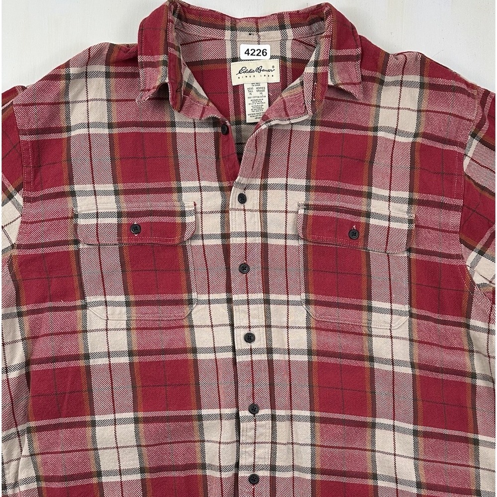 VTG Eddie Bauer Flannel Shirt Mens XL TALL‎ Red Beige Plaid 90s Y2K Thick Cotton